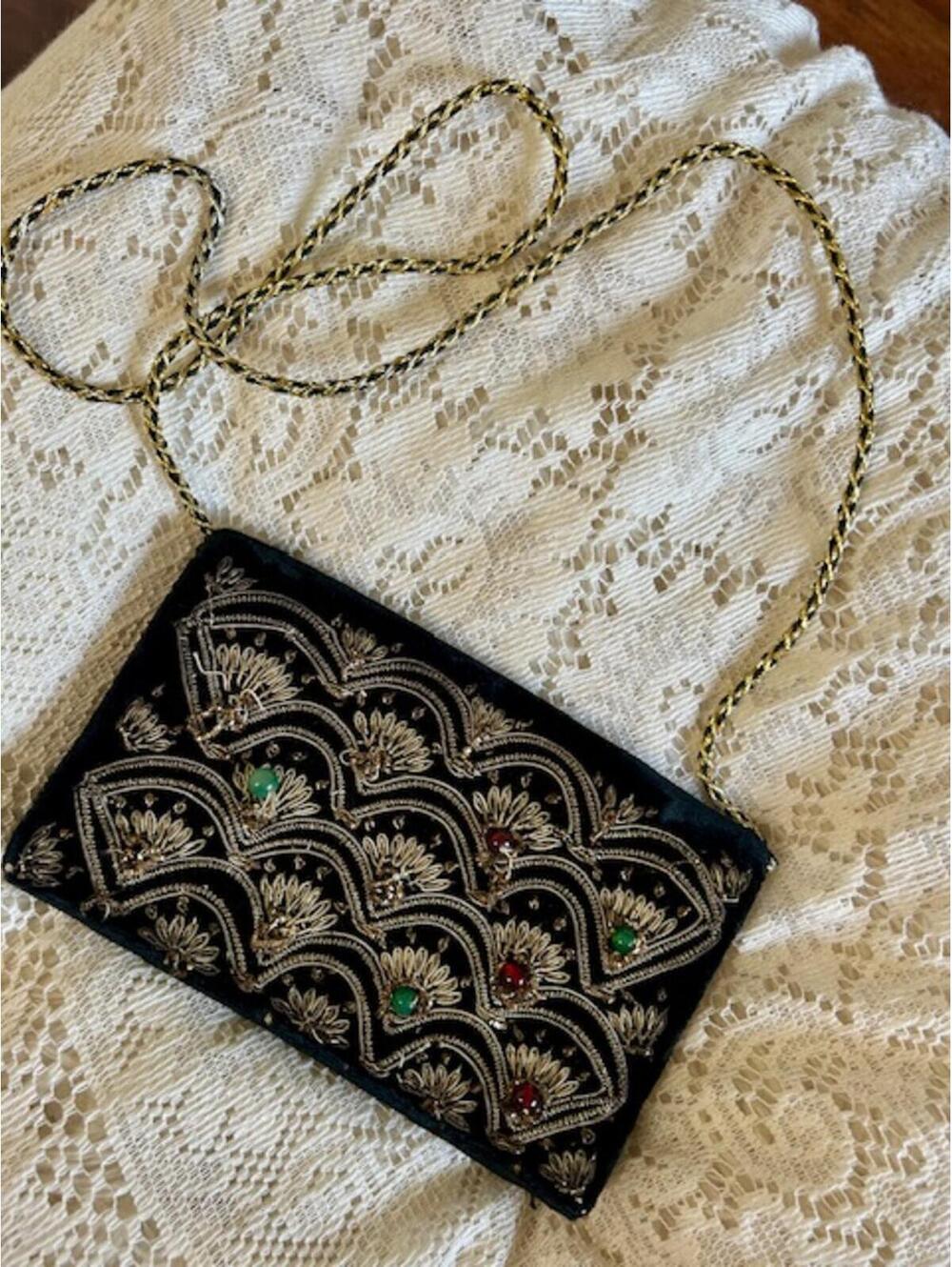 Vintage Black Embroidered Evening Bag with Chain Strap